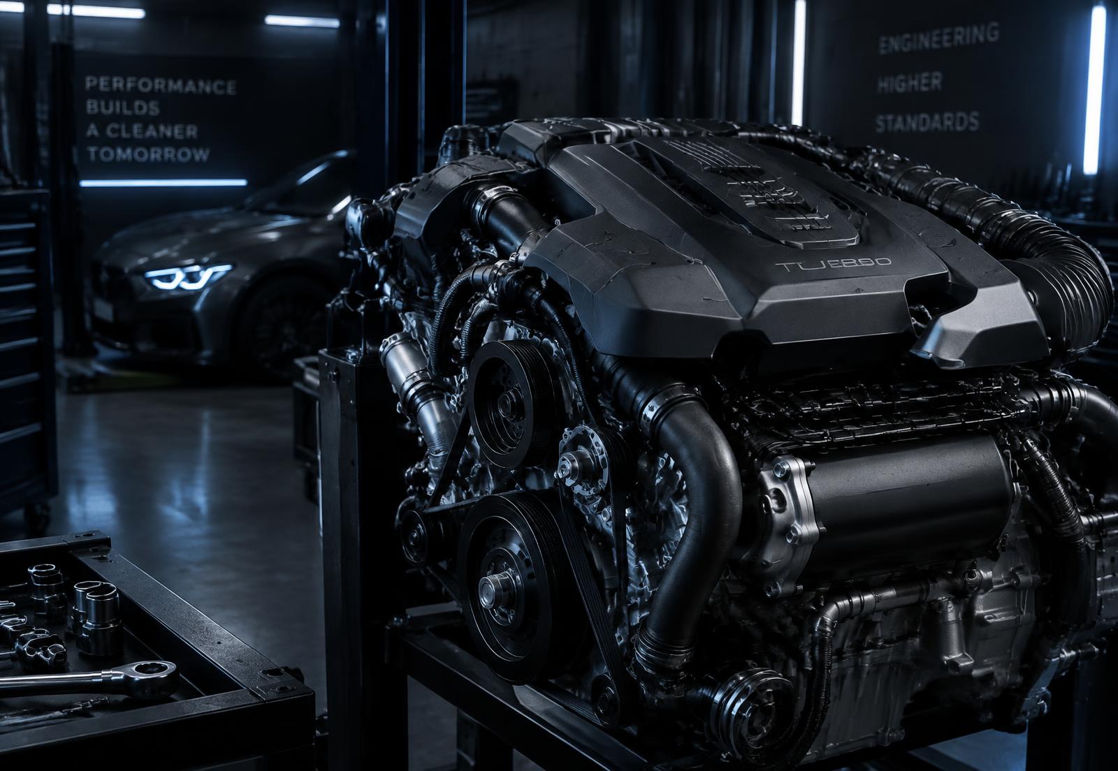 Motor automotivo em oficina moderna